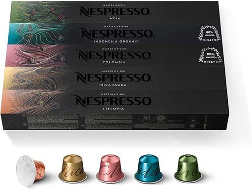 Nespresso Surtido Master Origins, 50 Cápsulas OriginalLine. Un pack de degustación con 5 cafés de origen único: Indonesia, India, Colombia, Nicaragua y Etiopía. Nespresso - frontal