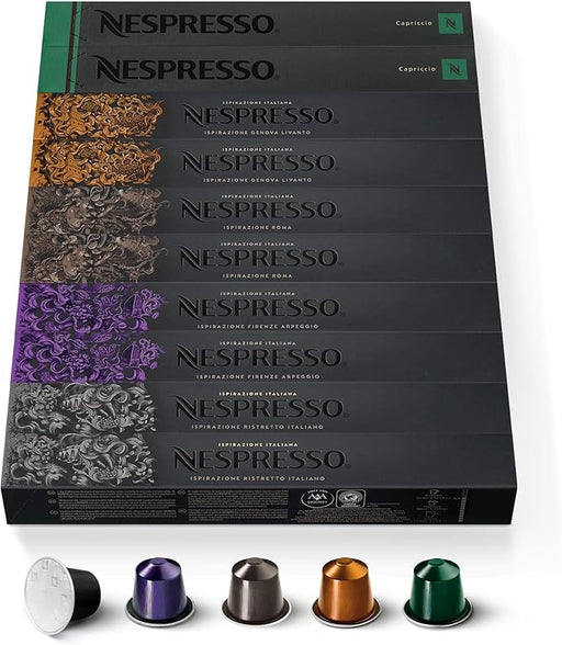 Nespresso Top Sélection - Surtido de 100 Cápsulas OriginalLine (5x20). Una selección con 5 variedades icónicas: Ristretto, Arpeggio, Roma, Livanto y Capriccio. Nespresso - frontal
