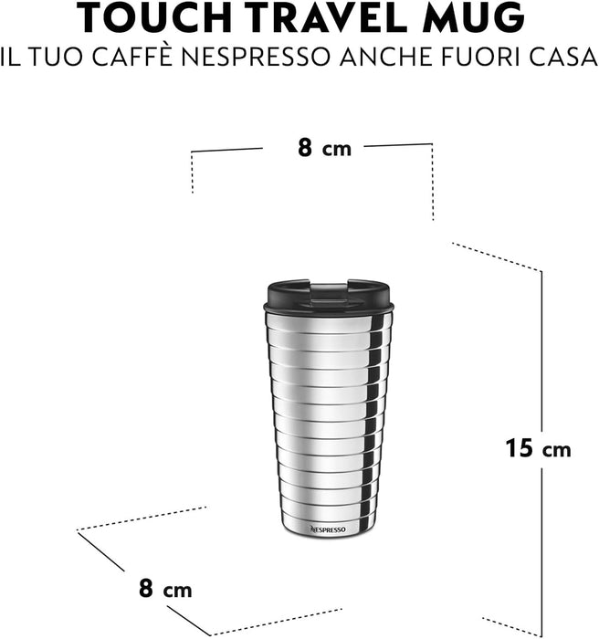 Nespresso Travel Mug TOUCH, Termo de Viaje Plateado (345ml). Lleva tu café Nespresso a todas partes con esta taza de viaje de acero inoxidable de doble capa que mantiene tu bebida caliente o fría. Nespresso - detalle