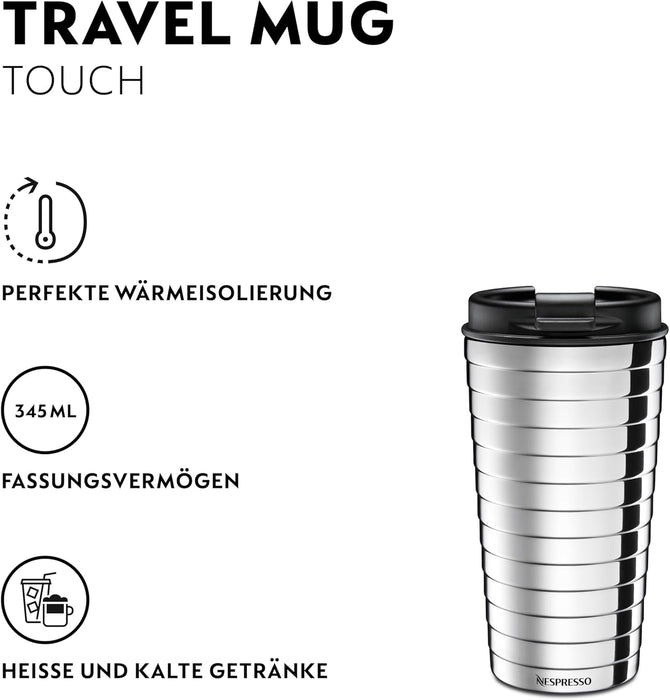 Nespresso Travel Mug TOUCH, Termo de Viaje Plateado (345ml). Lleva tu café Nespresso a todas partes con esta taza de viaje de acero inoxidable de doble capa que mantiene tu bebida caliente o fría. Nespresso - presentacion