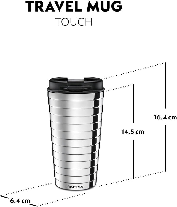 Nespresso Travel Mug TOUCH, Termo de Viaje Plateado (345ml). Lleva tu café Nespresso a todas partes con esta taza de viaje de acero inoxidable de doble capa que mantiene tu bebida caliente o fría. Nespresso - extra