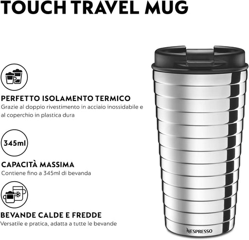 Nespresso Travel Mug TOUCH, Termo de Viaje Plateado (345ml). Lleva tu café Nespresso a todas partes con esta taza de viaje de acero inoxidable de doble capa que mantiene tu bebida caliente o fría. Nespresso - pack