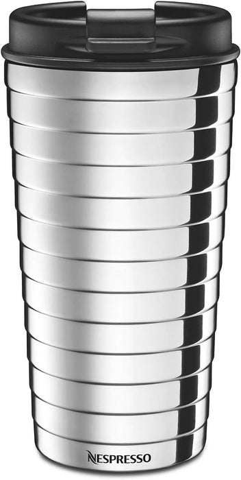 Nespresso Travel Mug TOUCH, Termo de Viaje Plateado (345ml). Lleva tu café Nespresso a todas partes con esta taza de viaje de acero inoxidable de doble capa que mantiene tu bebida caliente o fría. Nespresso - lateral