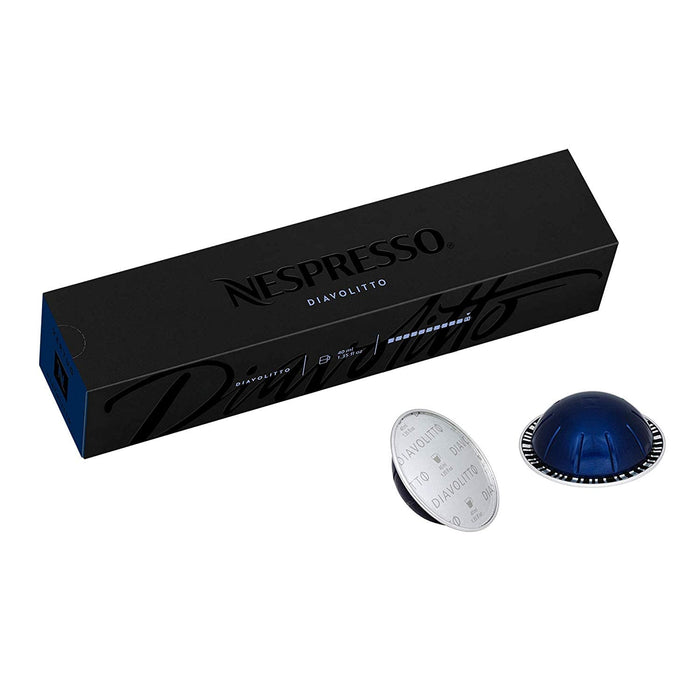 Nespresso Vertuo Diavolitto, pack de 10 cápsulas de espresso de máxima intensidad (11). Un café potente y cremoso con notas a roble y cuero, para los amantes de las sensaciones fuertes. Nespresso - pack
