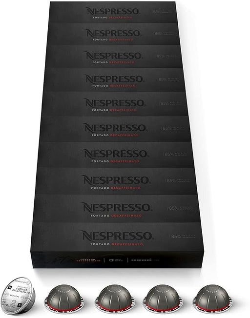 Nespresso Vertuo Fortado Descafeinado, pack de 100 cápsulas. Café Gran Lungo (150ml) intenso (8/11) sin cafeína, con notas a cacao y madera de roble. Formato ahorro. Nespresso - frontal