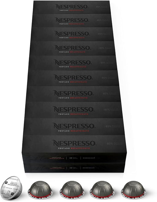 Nespresso Vertuo Fortado Descafeinado, pack de 200 cápsulas. Café Gran Lungo (150ml) de intensidad 8/11 sin cafeína, con notas a cacao y madera de roble. Formato profesional. Nespresso - frontal