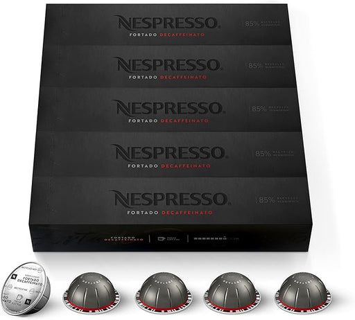 Nespresso Vertuo Fortado Descafeinado, pack de 50 cápsulas. Café intenso (8/11) para taza Gran Lungo (150ml) sin cafeína, con deliciosas notas a cacao y madera de roble. Nespresso - frontal