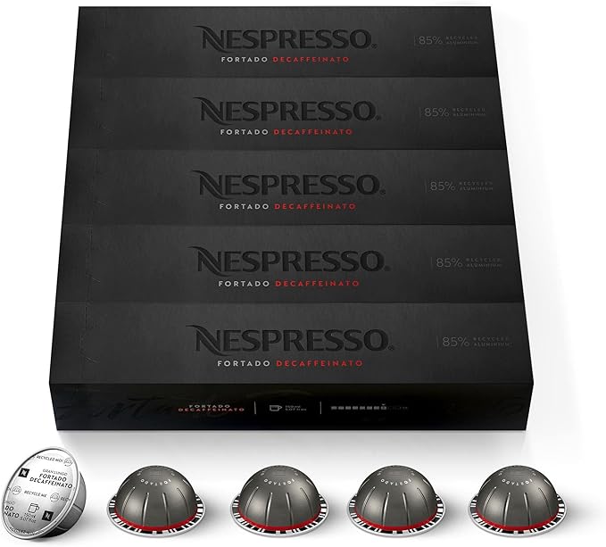 Nespresso Vertuo Fortado Descafeinado, pack de 50 cápsulas. Café intenso (8/11) para taza Gran Lungo (150ml) sin cafeína, con deliciosas notas a cacao y madera de roble. Nespresso - frontal