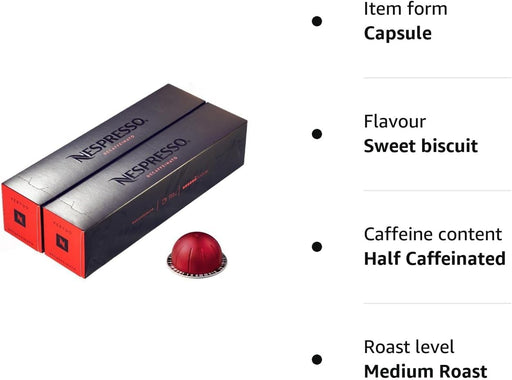 Nespresso Vertuo Half Caffeinato, pack de 10 cápsulas de café semidescafeinado. Sabor suave y equilibrado con notas a galleta. Para taza grande de 230ml. Nespresso - pack