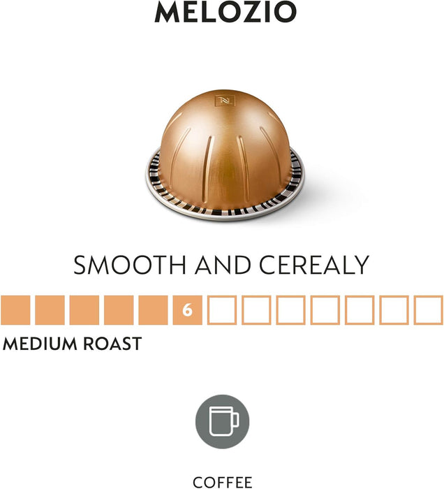 Nespresso Vertuo Melozio, pack de 30 cápsulas. Café suave para taza Mug (230ml) de intensidad 6/11, con notas a cereal dulce y miel. Mezcla 100% Arábica de tueste medio. Nespresso - detalle