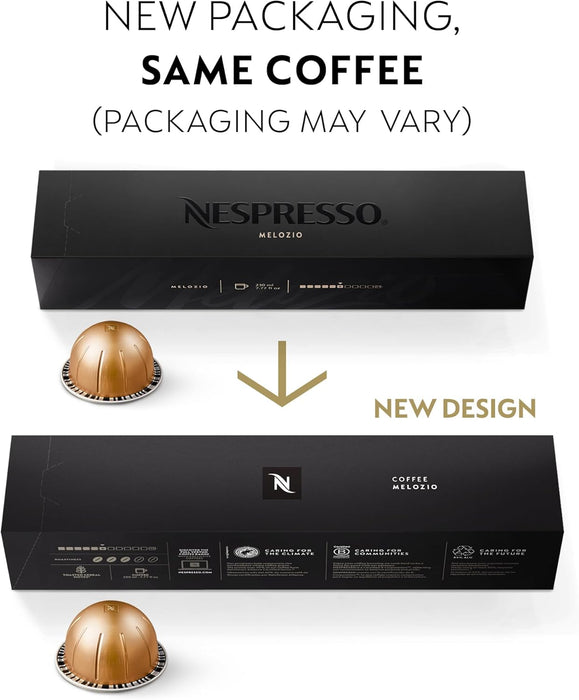 Nespresso Vertuo Melozio, pack de 30 cápsulas. Café suave para taza Mug (230ml) de intensidad 6/11, con notas a cereal dulce y miel. Mezcla 100% Arábica de tueste medio. Nespresso - uso