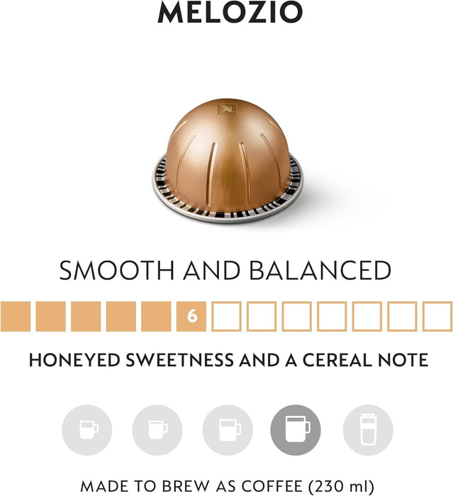 Nespresso Vertuo Melozio, pack de 60 cápsulas para taza Mug (230ml). Café suave y equilibrado, intensidad 6/11, con notas a cereal y miel. Formato ahorro 100% Arábica. Nespresso - detalle