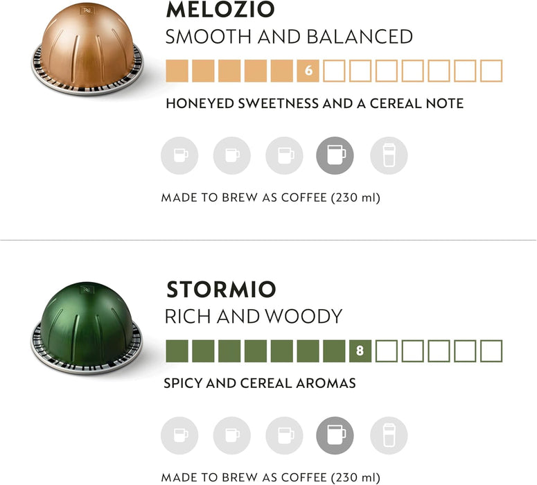Nespresso Vertuo Pack Mixto de 90 cápsulas. Incluye 40 Melozio, 40 Stormio y 10 Melozio Descafeinado. Café para taza Mug (230ml) con y sin cafeína para cada momento del día. Nespresso - detalle