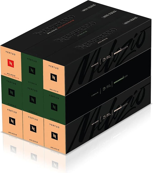 Nespresso Vertuo Pack Mixto de 90 cápsulas. Incluye 40 Melozio, 40 Stormio y 10 Melozio Descafeinado. Café para taza Mug (230ml) con y sin cafeína para cada momento del día. Nespresso - frontal