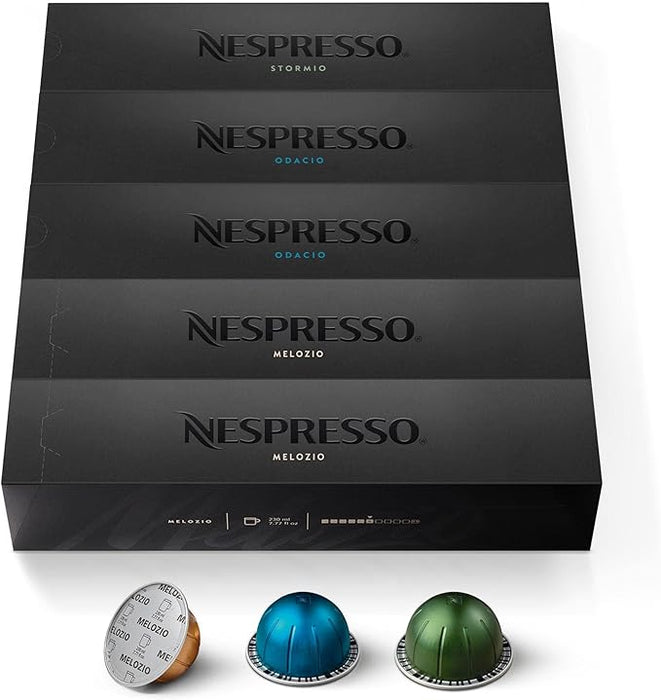 Nespresso Vertuo Pack Surtido de 50 cápsulas para taza Mug (230ml). Incluye 20 Melozio (Int. 6), 20 Stormio (Int. 8) y 10 Odacio (Int. 7). Una selección para todos los gustos. Nespresso - frontal