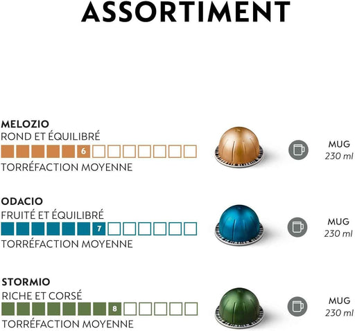 Nespresso Vertuo Pack Surtido de 50 cápsulas para taza Mug (230ml). Incluye 20 Melozio (Int. 6), 20 Stormio (Int. 8) y 10 Odacio (Int. 7). Una selección para todos los gustos. Nespresso - pack