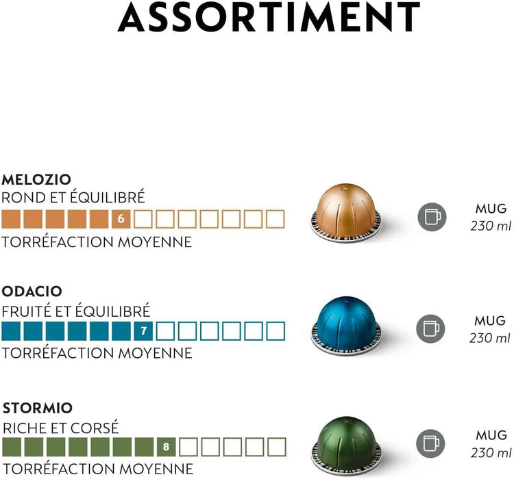 Nespresso Vertuo Pack Surtido de 50 cápsulas para taza Mug (230ml). Incluye 20 Melozio (Int. 6), 20 Stormio (Int. 8) y 10 Odacio (Int. 7). Una selección para todos los gustos. Nespresso - pack