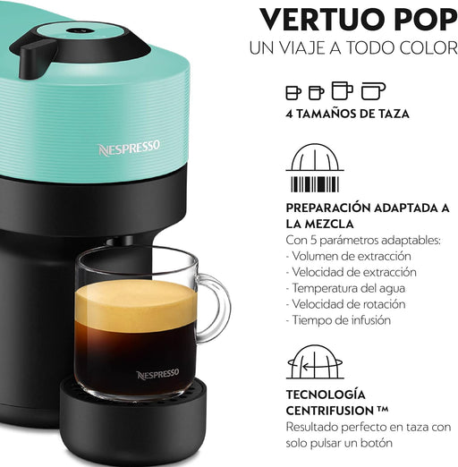 Nespresso Vertuo Pop, color Aqua Mint. La cafetera de cápsulas que revoluciona el café, con 4 tamaños de taza, desde un Espresso hasta una gran taza, gracias a su tecnología Centrifusion™. Nespresso - pack
