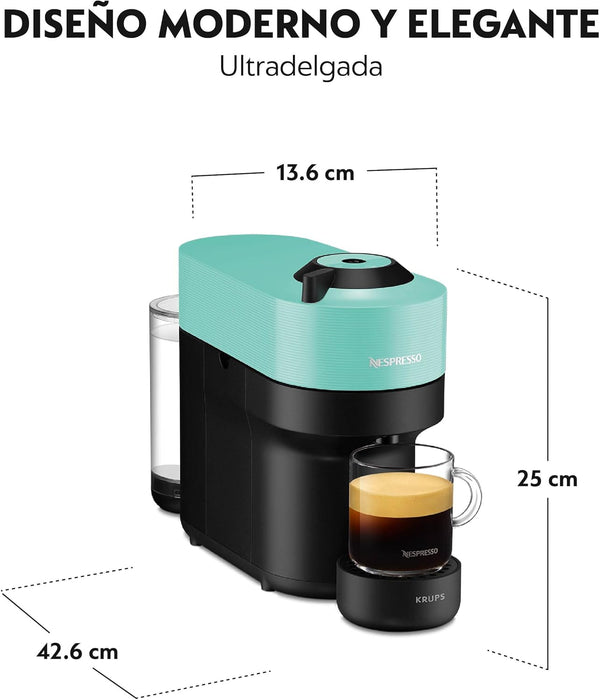 Nespresso Vertuo Pop, color Aqua Mint. La cafetera de cápsulas que revoluciona el café, con 4 tamaños de taza, desde un Espresso hasta una gran taza, gracias a su tecnología Centrifusion™. Nespresso - detalle