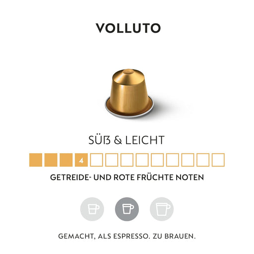 Nespresso Volluto Pack de 30 Cápsulas de Café Espresso. Una mezcla de Arábicas de tueste ligero con notas dulces a galleta y un toque afrutado para tu cafetera. Nespresso - pack