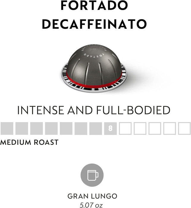 Pack 30 Cápsulas Nespresso Vertuo Fortado Decaffeinato. El Gran Lungo (150ml) más intenso, ahora descafeinado. Intensidad 8 con notas a cacao y madera de roble. Nespresso - uso
