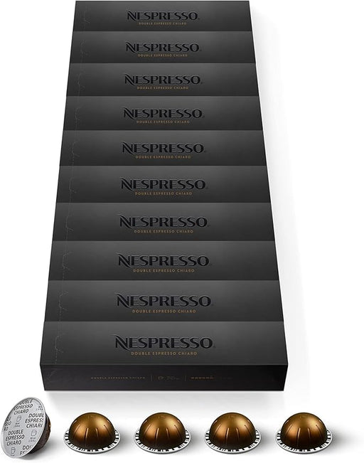 Pack Ahorro 100 Cápsulas Nespresso Vertuo Chiaro. Un café Double Espresso (80 ml) de intensidad 8, ideal para recetas con leche, con notas amaderadas y tostadas. Nespresso - frontal