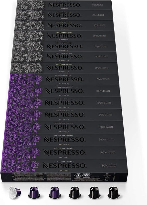 Pack Ahorro 150 Cápsulas Nespresso Originales, Selección Arpeggio y Ristretto. Café intenso y cremoso con notas de cacao y chocolate. Intensidad 9 y 10. Nespresso - frontal