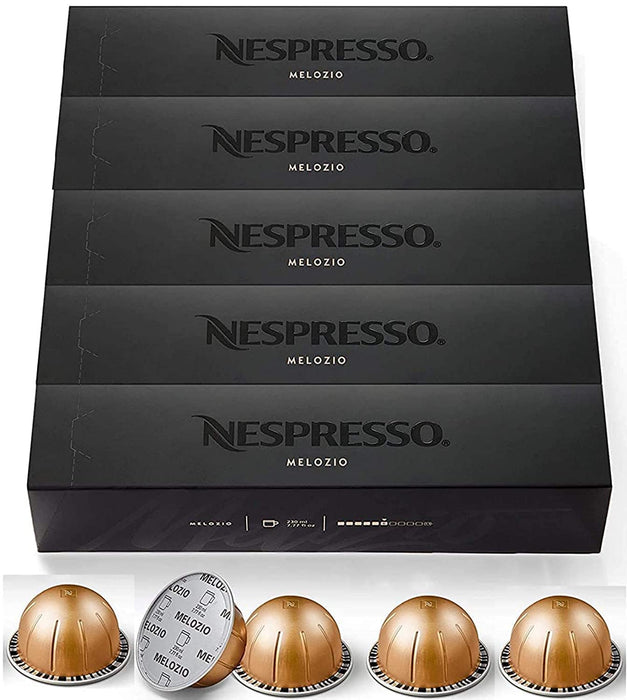 Pack Ahorro 50 Cápsulas Nespresso Vertuo Melozio. Un café suave y equilibrado para taza grande (230ml) de intensidad 6, con deliciosas notas a cereal dulce y miel. Nespresso - frontal