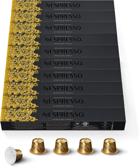 Pack Ahorro de 100 Cápsulas Nespresso Original Ispirazione Venezia. Un café de tueste oscuro compatible con cafeteras Nespresso Original, suave y con notas a caramelo. Nespresso - extra