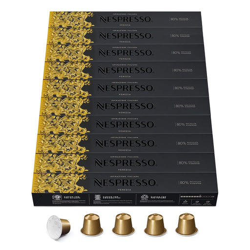 Pack Ahorro de 100 Cápsulas Nespresso Original Ispirazione Venezia. Un café de tueste oscuro compatible con cafeteras Nespresso Original, suave y con notas a caramelo. Nespresso - frontal