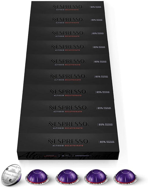 Pack Ahorro de 100 Cápsulas Nespresso Vertuo Altissio Decaffeinato. Café descafeinado de intensidad 9 para espresso (40ml) con cuerpo y notas cremosas de cereal. Nespresso - frontal