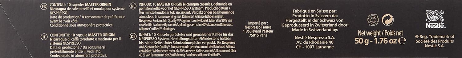 Pack de 10 Cápsulas de Café Nespresso Master Origin Nicaragua. Café para sistema Original de intensidad 5. Arábica procesado con el método "Black-Honey" de notas dulces. Nespresso - ingredientes