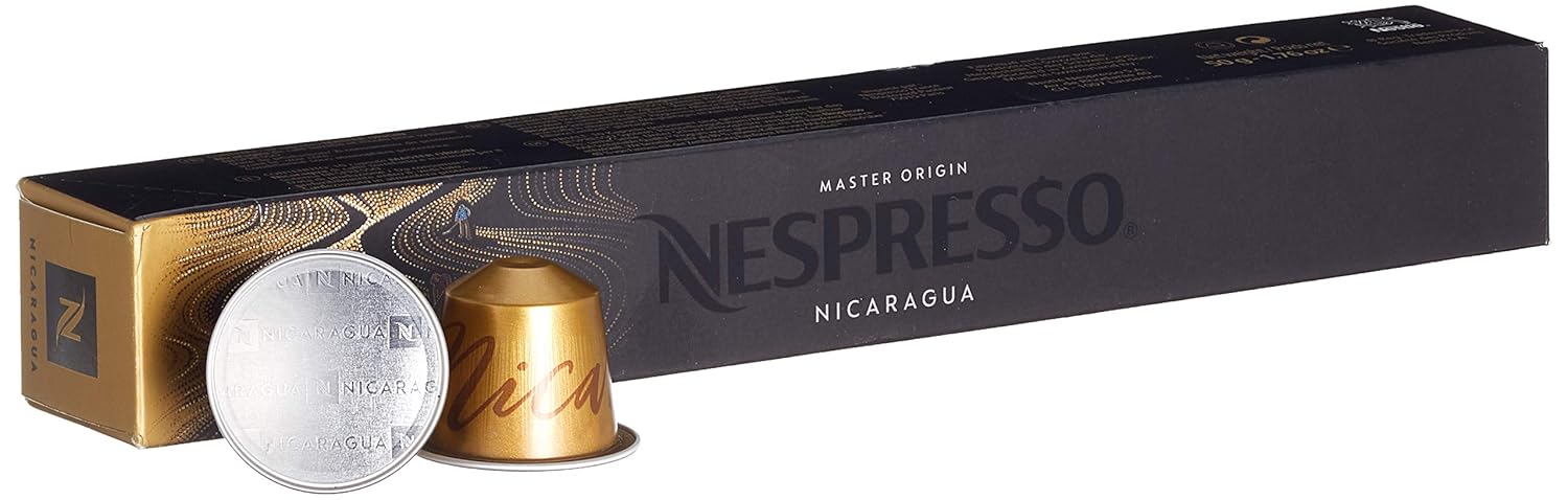 Pack de 10 Cápsulas de Café Nespresso Master Origin Nicaragua. Café para sistema Original de intensidad 5. Arábica procesado con el método "Black-Honey" de notas dulces. Nespresso - pack