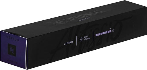 Pack de 10 Cápsulas Nespresso Vertuo Altissio. Un espresso (40ml) con cuerpo, intenso y cremoso de nivel 9, con ricas notas a cereal tostado y un carácter audaz. Nespresso - frontal