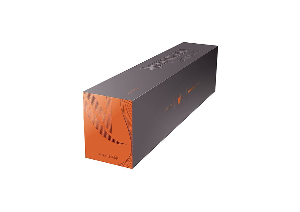 Pack de 10 cápsulas Nespresso Vertuo Hazelino, un café con sabor a avellana tostada. Disfruta de una taza grande (230ml) con notas a galleta, praliné y caramelo, de intensidad 6. Nespresso - frontal