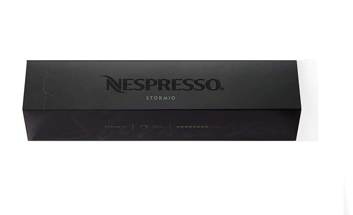Pack de 10 Cápsulas Nespresso Vertuo Stormio. Café para taza grande (230ml) de intensidad 8, rico e intenso con un carácter potente y notas profundas a especias y madera. Nespresso - uso