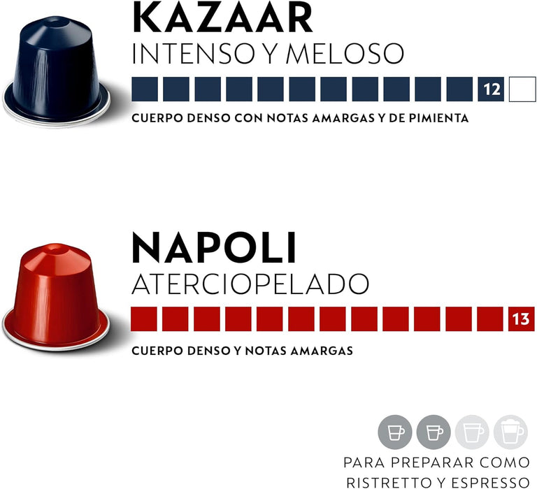 Pack de 100 Cápsulas de Café Nespresso Selección Intensos. Incluye 5 variedades para sistema Original: 20 Kazaar, 20 Napoli, 20 Ristretto, 20 Arpeggio y 20 Roma. Nespresso - detalle