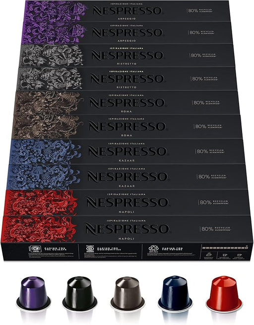Pack de 100 Cápsulas de Café Nespresso Selección Intensos. Incluye 5 variedades para sistema Original: 20 Kazaar, 20 Napoli, 20 Ristretto, 20 Arpeggio y 20 Roma. Nespresso - frontal