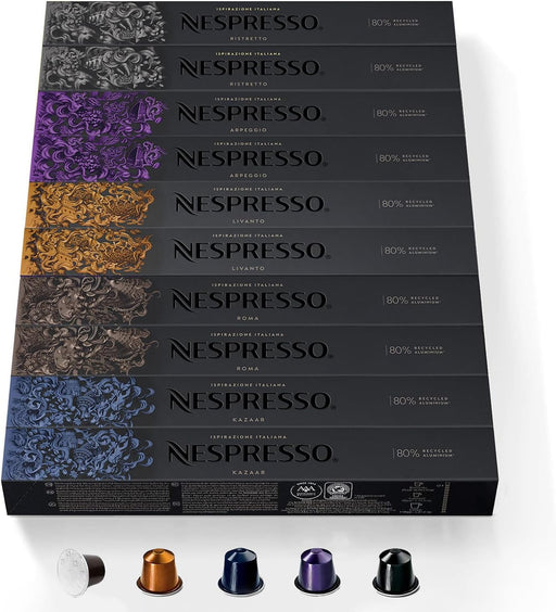 Pack de 100 Cápsulas Nespresso Originales Surtido Intenso. Incluye 5 variedades: Arpeggio, Roma, Livanto, Ristretto y Kazaar. Intensidades de 6 a 12. Nespresso - frontal