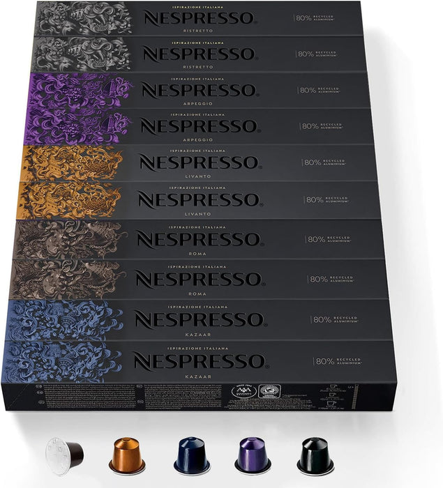 Pack de 100 Cápsulas Nespresso Originales Surtido Intenso. Incluye 5 variedades: Arpeggio, Roma, Livanto, Ristretto y Kazaar. Intensidades de 6 a 12. Nespresso - frontal