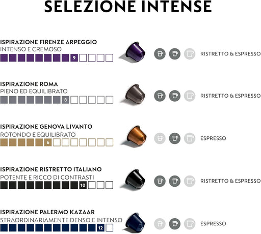 Pack de 100 Cápsulas Nespresso Originales Surtido Intenso. Incluye 5 variedades: Arpeggio, Roma, Livanto, Ristretto y Kazaar. Intensidades de 6 a 12. Nespresso - pack