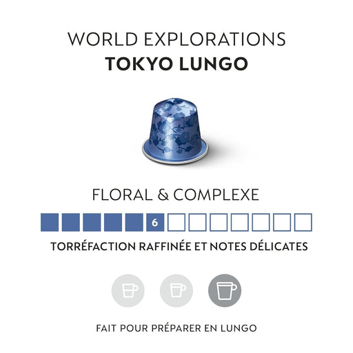 Pack de 100 Cápsulas Nespresso Tokyo Vivalto Lungo. Un café largo, floral y refinado de intensidad 6, inspirado en la elegancia japonesa. Compatible con Sistema Original. Nespresso - pack
