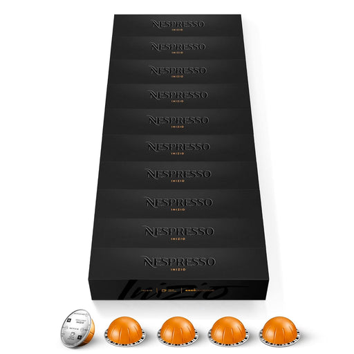 Pack de 100 Cápsulas Nespresso Vertuo Inizio. Un café Gran Lungo (150 ml) de intensidad 4, con notas florales y a cereal tostado, exclusivo para sistema Vertuo. Nespresso - frontal