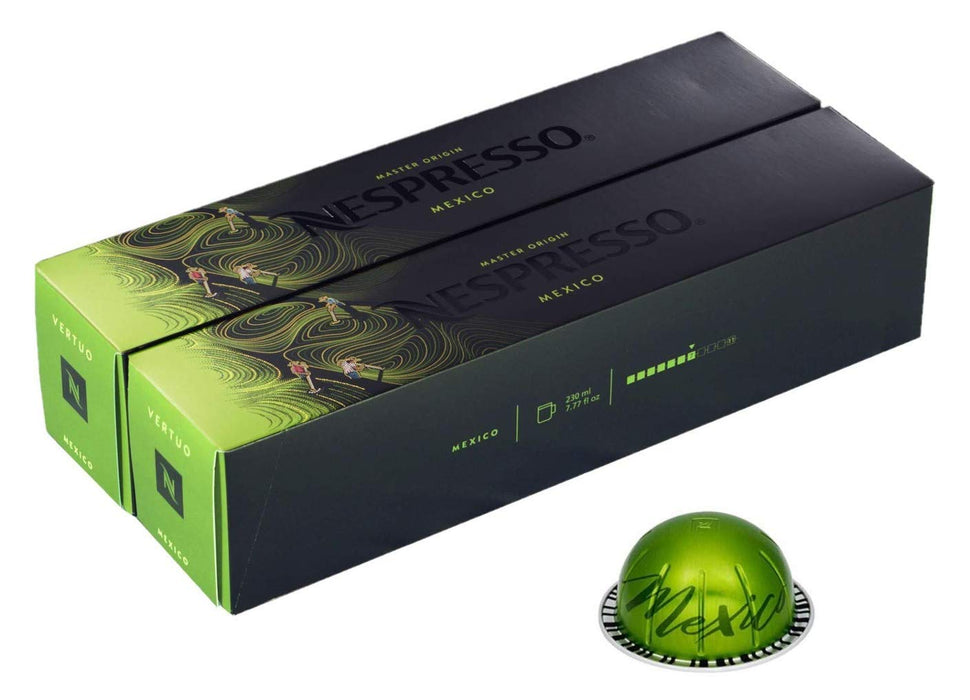 Pack de 20 Cápsulas Nespresso Vertuo Mexico. Un café de Origen Único para taza grande (230ml), con un rico perfil a madera tostada y especias. Intensidad 7. Nespresso - frontal
