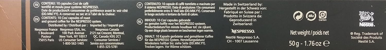 Pack de 30 Cápsulas de Café Nespresso Cosi. Café para sistema Original de intensidad 4. Un espresso de tueste ligero con cuerpo sutil y refrescantes notas cítricas. Nespresso - pack