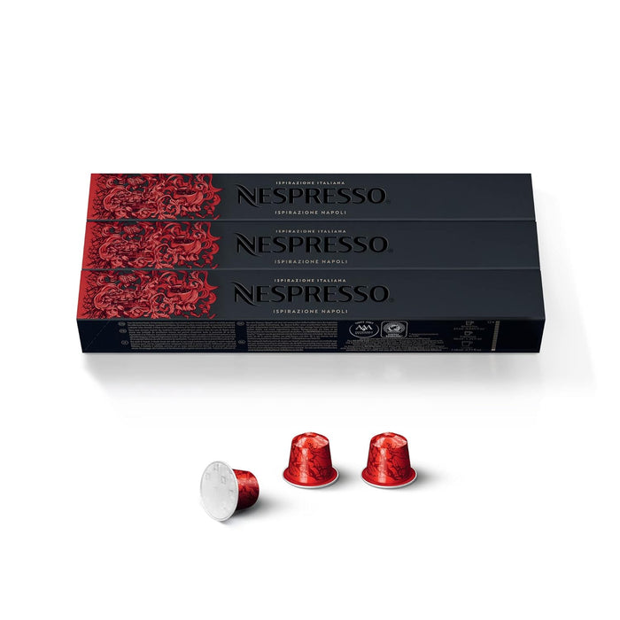 Pack de 30 Cápsulas de Café Nespresso Ispirazione Napoli. Café para sistema Original. El espresso más intenso (13/13) con notas a cacao y un cuerpo denso. Nespresso - frontal