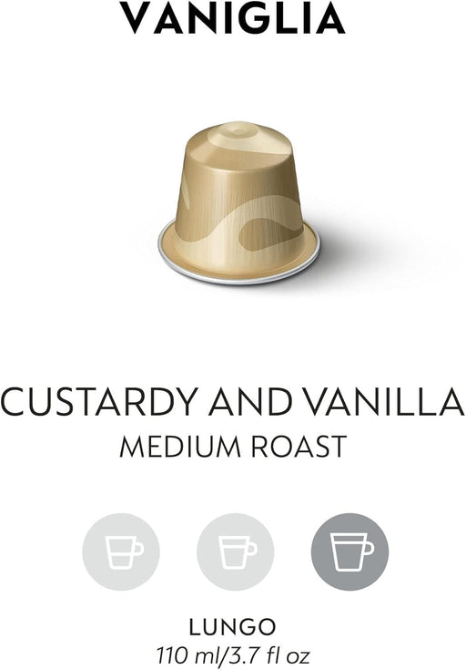 Pack de 30 cápsulas de café Nespresso Vanilio para sistema Original. Disfruta de un Espresso Lungo gourmet con el delicado aroma de la vainilla, intensidad 6. Nespresso - pack
