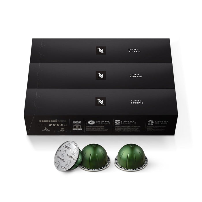 Pack de 30 Cápsulas de Café Nespresso Vertuo Stormio. Un café intenso y especiado de tueste oscuro para taza grande (230ml), elaborado con Arábicas de Guatemala y Nicaragua, de intensidad 8. Nespresso - frontal