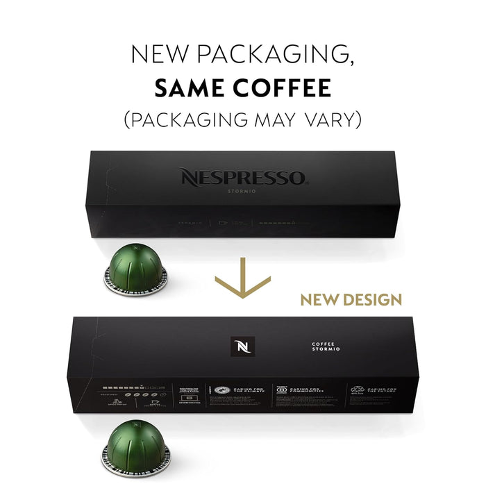 Pack de 30 Cápsulas de Café Nespresso Vertuo Stormio. Un café intenso y especiado de tueste oscuro para taza grande (230ml), elaborado con Arábicas de Guatemala y Nicaragua, de intensidad 8. Nespresso - extra