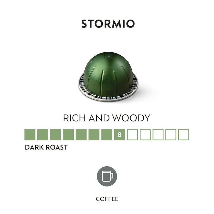 Pack de 30 Cápsulas de Café Nespresso Vertuo Stormio. Un café intenso y especiado de tueste oscuro para taza grande (230ml), elaborado con Arábicas de Guatemala y Nicaragua, de intensidad 8. Nespresso - detalle